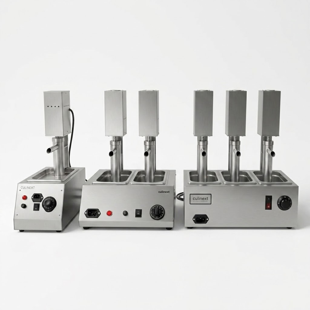 Culinext chocolate melter with dispensing pump in 1-pot, 2-pot and 3-pot configurations