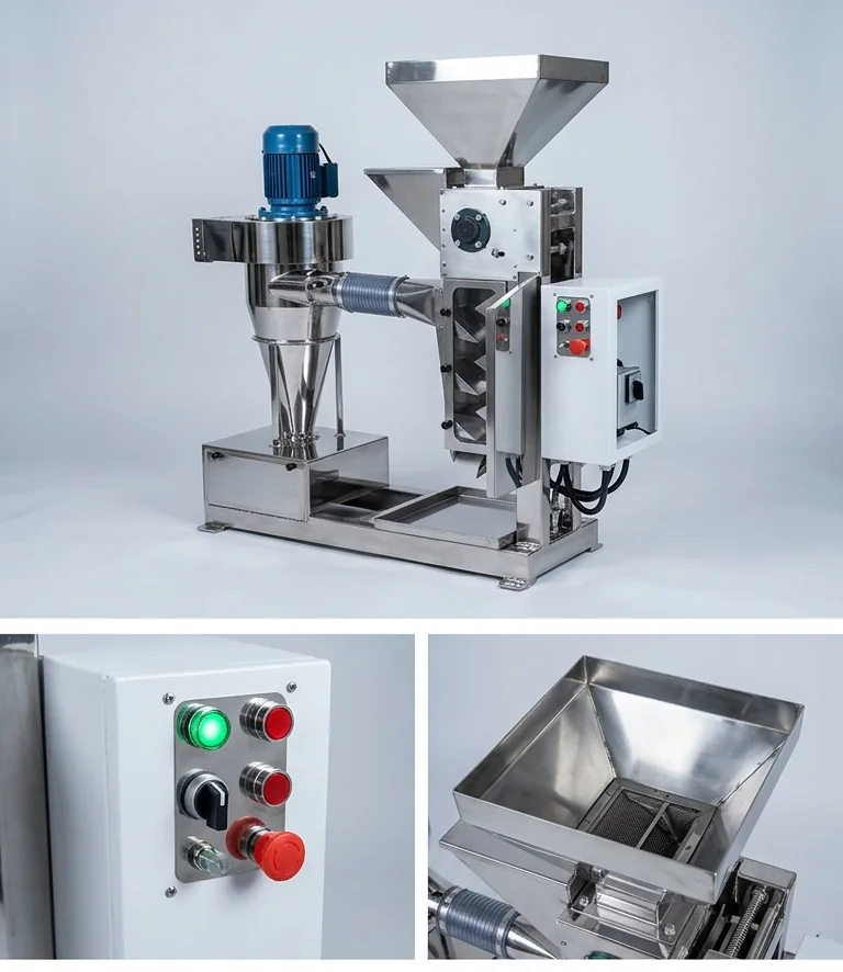 Culinext Cocoa Bean Cracker and Winnower hopper, start stop controls and machine details