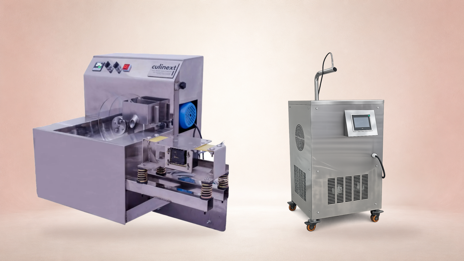 Culinext wheel tempering machine beside a continuous tempering machine